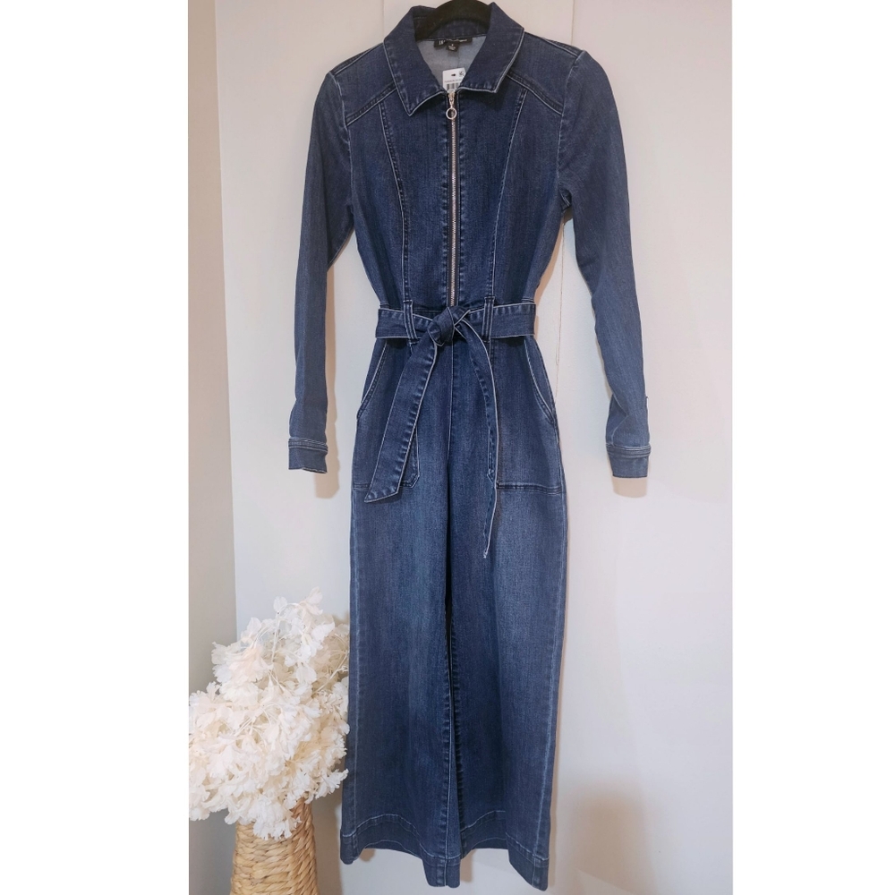 INC International Concepts Dark Blue Denim Zip Front Wide Legs Belted Jumpsuit
